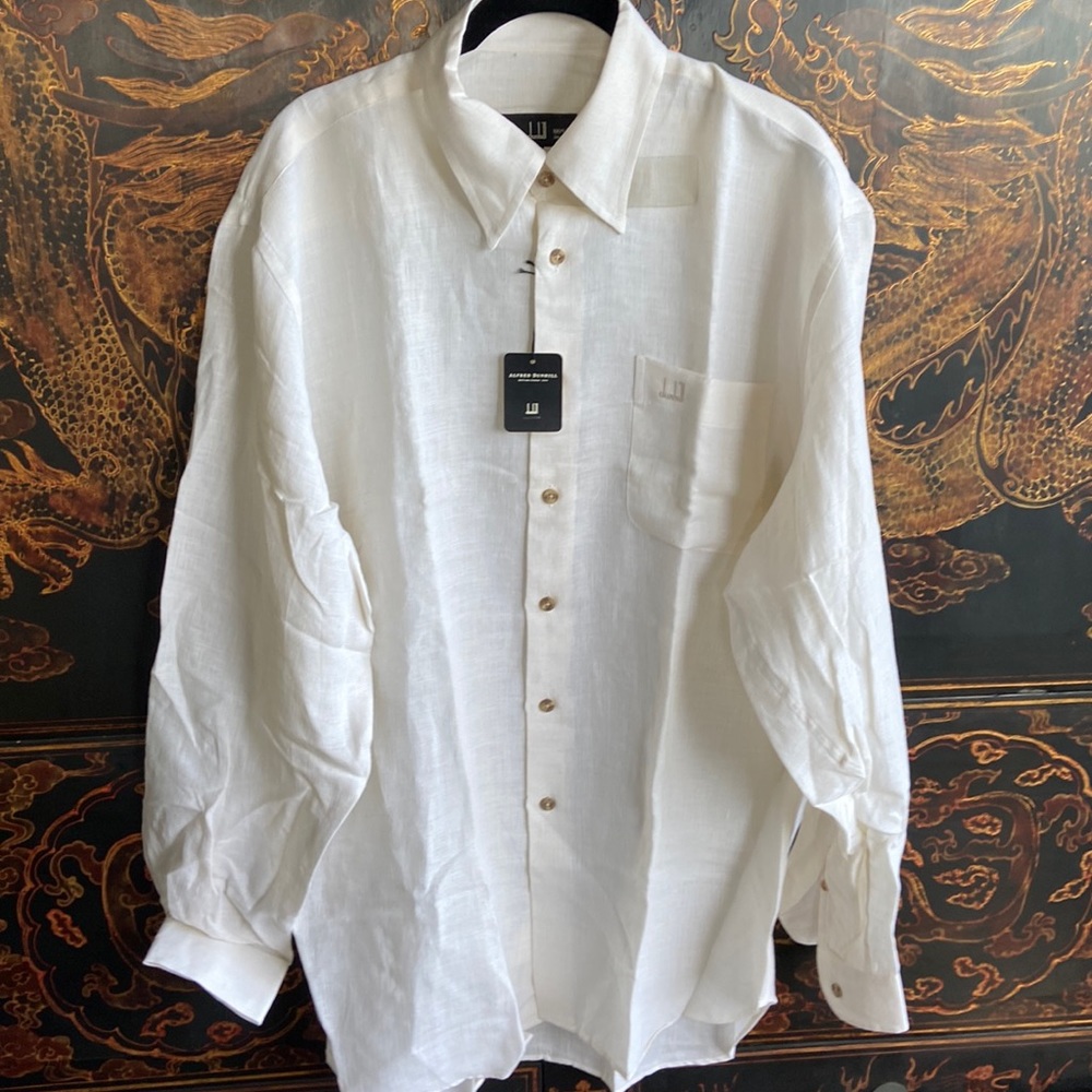 DUNHILL 100% Linen Medium Long Sleeve Dress Shirt w/ LOGO NEW